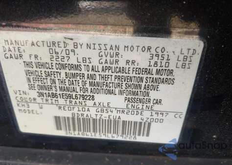 2009 Nissan Sentra 2.0Sr from USA, damaged, VIN 3N1AB61E59L679228